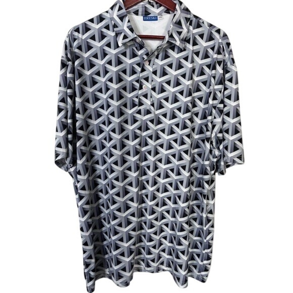 Hreski Mens XXL Polo Shirt Grey‎ Black 3D Geometric Cube Print Short Sleeve Golf